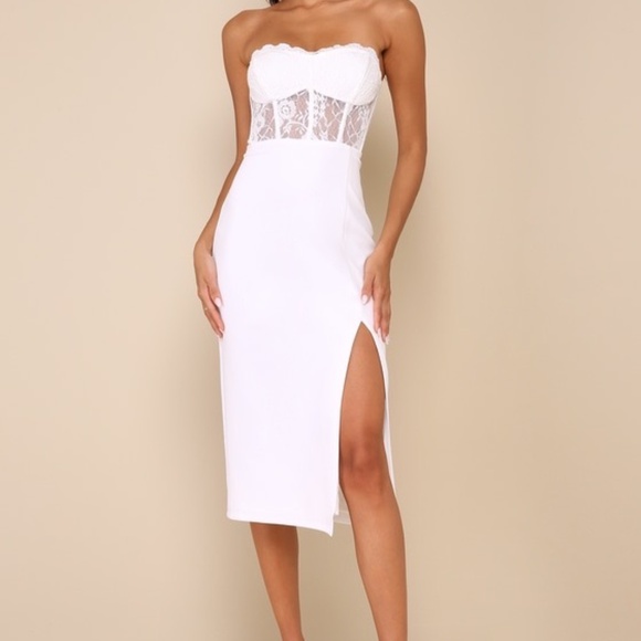 Lulus Dresses & Skirts - Lulus Exquisitely Sultry White Lace Strapless Bustier Midi Dress - Size M